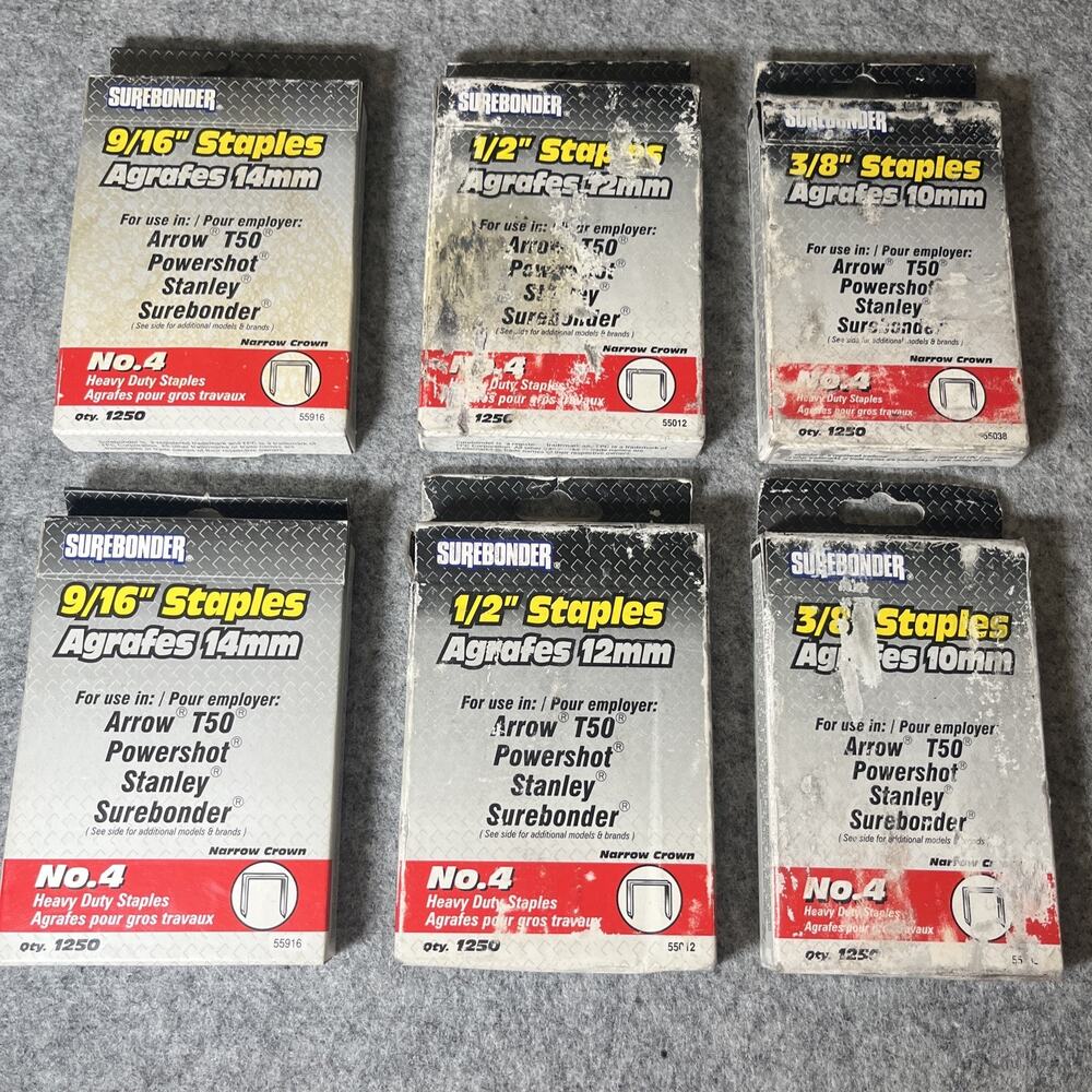 Surebonder Staples Lot 1/2" 9/16" 3/8" Heavy Duty No.4 6x 1250pk Arrow T50 READ